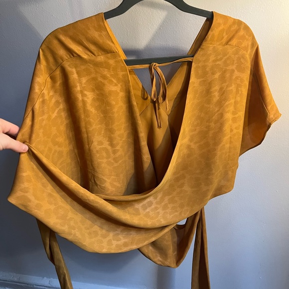 Anthropologie Current Air Blouse Tie Wrap V Neck Open Back Leopard Print Gold - Picture 2 of 5